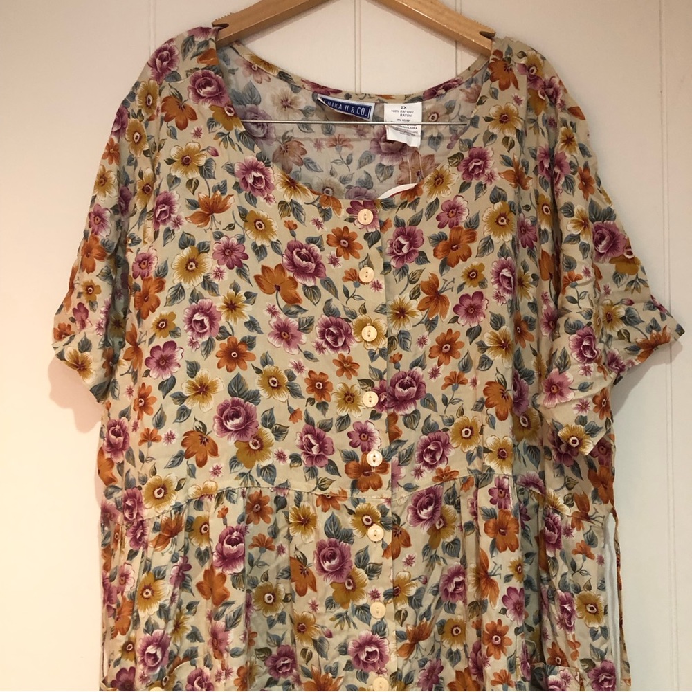 Vintage cottage core floral tan dress 1X 2X NWT